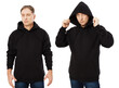 © paulcannoby - Man in black hoodie hoody set front view, hoody mockup isolated on white background. Man puts on a hood