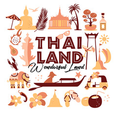 Collection of Thailand symbols. Vector poster. postcard in trend color. Travel illustration.