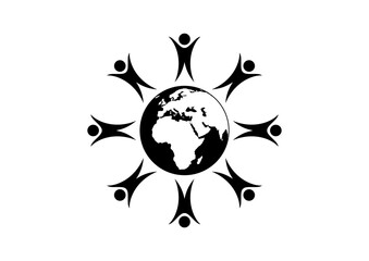 people figures standing around the planet earth vector. group of people abstract icon. people standi