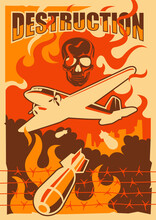 Vintage Style War Poster With Military Airplane And Bombs. Vector Illustration.