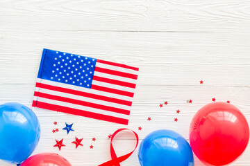 Independence Day greeting card with American flag, balloons flat lay copy space