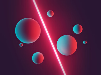 Poster - abstract spheres background with glowing neon light. minimal design. 3d rendering