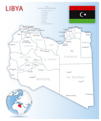  Detailed Libya administrative map with country flag and location on a blue globe.