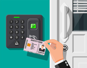 Poster - Password and fingerprint security device at office or home door. Hand with id card. Access control machine or time the attendance. Proximity card reader. Vector illustration in flat style