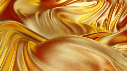 Wall Mural - Golden fabric texture close up beautiful abstract background. Wavy gold silk satin texture of velvet material. Luxurious silk satin background. 3d rendering.