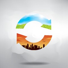 Wall Mural - double exposure of refresh symbol with nature and cityscape