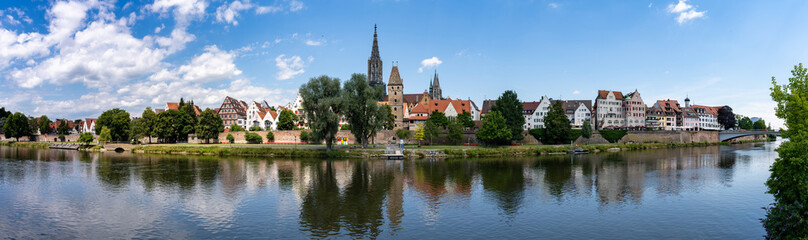 Poster - panorama view of the city of Ulm in southern Germany with the Danube River in front