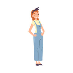 Sticker - Smiling Young Woman Wearing Jeans Overalls Cartoon Style Vector Illustration on White Background