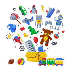 Wall Mural - cardboard box full of colorful toys, various colorful objects for kids development and entertainment