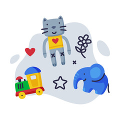 Poster - Cute Cat, Elephant and Train Baby Toys Set, Kids Game Various Objects Cartoon Vector Illustration