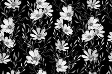 Monochrome Seamless Pattern With Wildflower. White Flowers On Black Background. For Textile, Wallpapers, Print, Greeting. Vector.