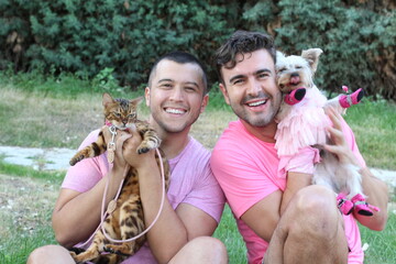 Wall Mural - Gay couple with two pets