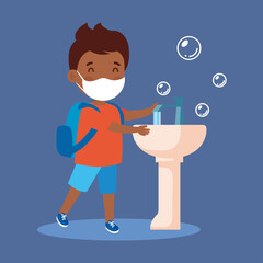 Poster - prevent covid 19, wearing medical mask, wash your hands, boy afro wearing protective mask vector illustration design