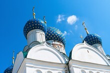 Russia,Uglich, July 2020. Blue Domes Of The Orthodox Cathedral Against The Sky
