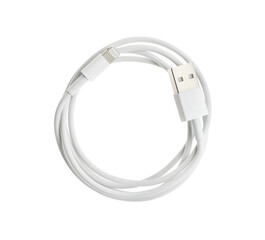 USB charge cable isolated on white, top view. Modern technology