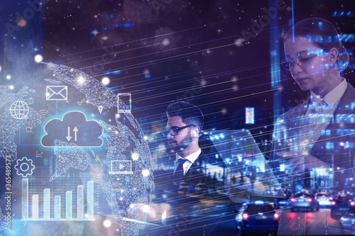 Fotomural Multiple exposure of different icons, cityscape and businesspeople