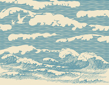Decorative Illustration Of The Sea Or Ocean, Hand-drawn Storm Waves With Breakers Of Sea Foam. Vector Banner Or Background In Retro Style With Blue Waves Passing Into The Sky With Clouds
