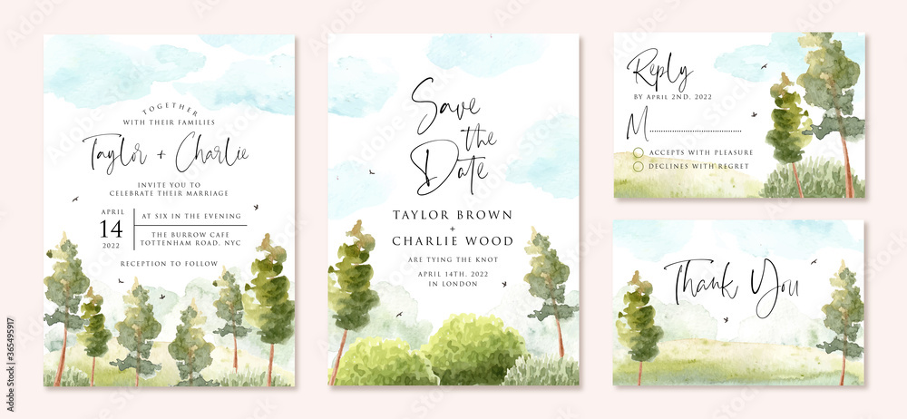 wedding invitation set with green landscape and blue sky watercolor - obrazy, fototapety, plakaty 
