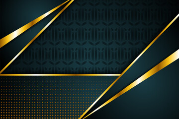Poster - Abstract triangle and rectangle shape luxury dark blue with gold. geometric line of hexagon shape pattern in black. gold dot halftone patterns.