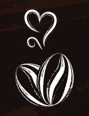 Sketch hand drawn two coffee beans in form of heart with aroma steam on brown vintage background