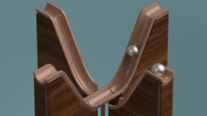 Poster - 3d render of looped animation with metal ball rolling up and down on wood geometry. Satisfying video. Smooth light, realistic dynamic.