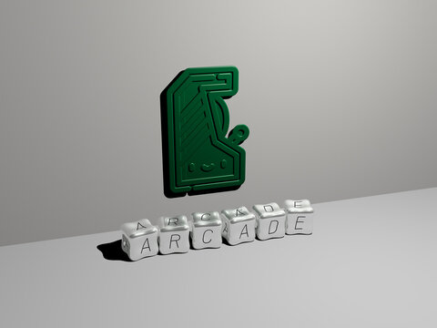 3D illustration of ARCADE graphics and text made by metallic dice letters for the related meanings of the concept and presentations. architecture and game