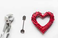 Red Heart. Wrench. Door Key. On A White Background. Mental Health And Medicine Concept