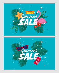 Canvas Print - set, summer sale banners, season discount poster with flemish, tropical leaves, sunglasses, invitation for shopping with summer sale label vector illustration design