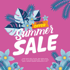 Canvas Print - summer sale banner, season discount poster with flowers and tropical leaves, invitation for shopping with summer sale special offer label vector illustration design