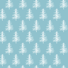 Christmas tree seamless pattern. Noel watercolor print, New year winter holiday decoration, blue christmas background with firs and white snow, wallpaper, wrapping paper design