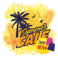 Wall Mural - summer sale banner, season discount poster with tree palm and bags shopping, invitation for shopping with shop now label, special offer card vector illustration design