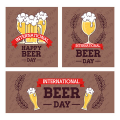 Sticker - set of banners, of international beer day, august celebration with decoration vector illustration design