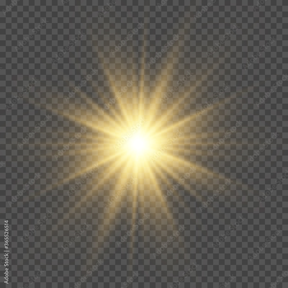 Yellow sun with rays and glow on transparent like background. - obrazy, fototapety, plakaty 