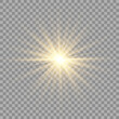 Yellow sun with rays and glow on transparent like background.