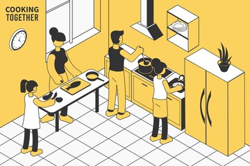 Sticker - Family Cooking Isometric Illustration