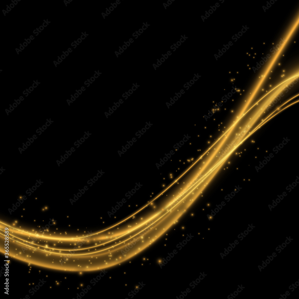Light effect with glowing gold wavy lines - obrazy, fototapety, plakaty 