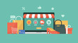 online shopping concept on laptop screen, digital store, e-commerce with shopping cart and goods, vector flat graphic illustration