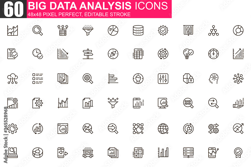 Big data analysis thin line icon set. Data processing outline pictograms for website and mobile app GUI. Digital analytics simple UI, UX vector icons. 48x48 pixel perfect linear pictogram pack. - obrazy, fototapety, plakaty 