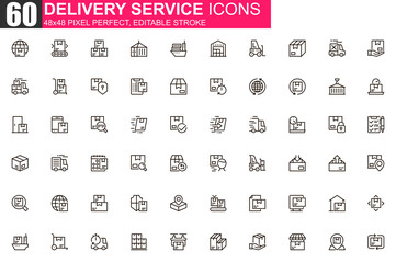 Leinwandbilder - Delivery service thin line icon set. Logistics and shipping outline pictograms for website and mobile app GUI. Express delivery simple UI, UX vector icons. 48x48 pixel perfect linear pictogram pack.