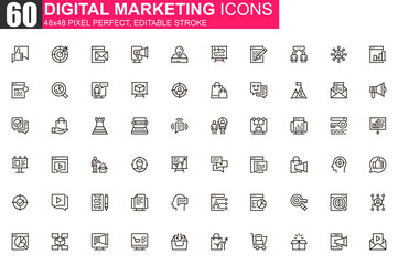 Aufkleber - Digital marketing thin line icon set. Marketing research and strategy outline pictograms for web or mobile app. Business analytics simple UI, UX vector icons. 48x48 pixel perfect linear pictogram pack