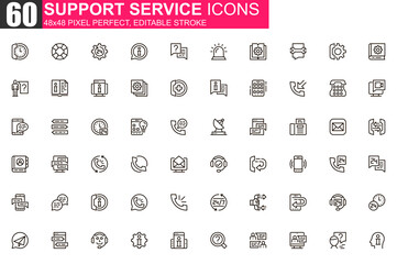 Poster - Support service thin line icon set. Customer support, hotline consultation outline pictograms for web and mobile app. Call center simple UI, UX vector icons. 48x48 pixel perfect linear pictogram pack.