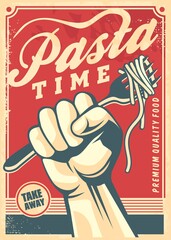 Pasta design poster in retro style. Vector vintage flyer for Italian food restaurant.