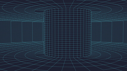 Poster - Tunnel or wormhole. Digital 3d wireframe tunnel. 3D tunnel grid. Network cyber technology. Surrealism. Background abstract vector image