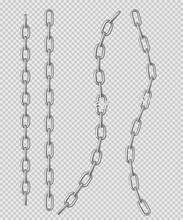 Metal Chain With Whole And Break Links Made Of Silver, Chrome Or Steel. Border With Connected Stainless Rings. Realistic 3d Vector Straight Heavy Decorative Elements Isolated On Transparent Background