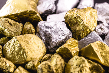 Sticker - nuggets of gold and silver piled up, precious stones used in the industry and jewelry. Concept of elux and wealth.