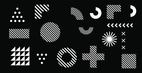Poster - Set of abstract universal geometric elements and shapes for design. Futuristic neo-memphis composition on dark background. Vector illustration.