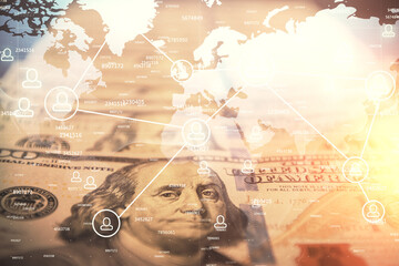 Aufkleber - Multi exposure of social network drawing over us dollars bill background. Concept of people connection.