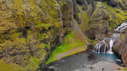 Poster - Stjornarfoss, Iceland. Beautiful aerial view of waterfalls in summer season