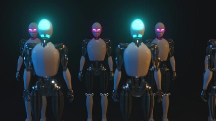 Poster - an endless corridor of robots facing each other. future technology and artificial intelligence conce