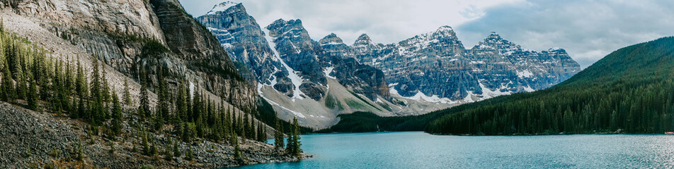 Breathtaking view of turquoise water of Moraine Lake, tourist popular attraction/destination in Canadian Rockies, Banff National Park, Alberta, Canada